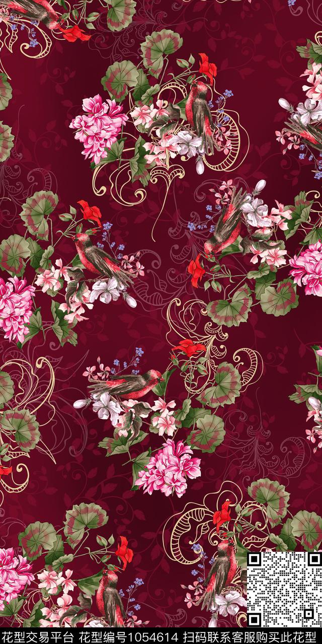 黑底花卉数码华亿平台民族风数码印花华亿平台下载（图片编号: 1054614） - 瓦栏（Walan）