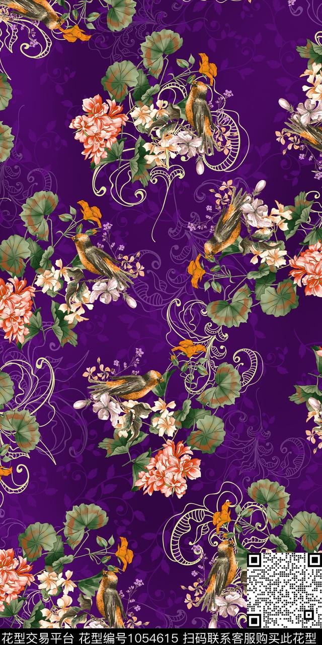 黑底花卉数码华亿平台民族风数码印花华亿平台下载（图片编号: 1054615） - 瓦栏（Walan）