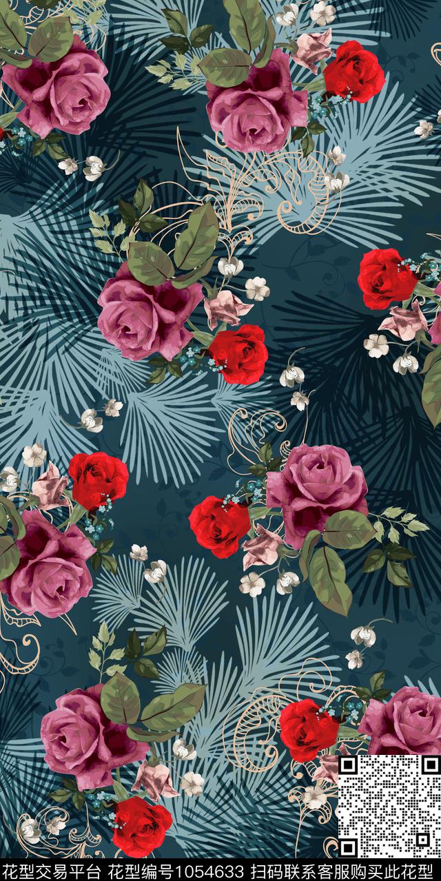 黑底花卉数码华亿平台民族风数码印花华亿平台下载（图片编号: 1054633） - 瓦栏（Walan）