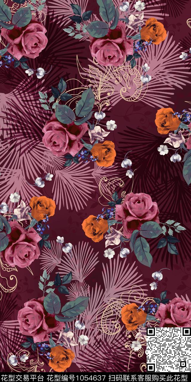 黑底花卉数码华亿平台民族风数码印花华亿平台下载（图片编号: 1054637） - 瓦栏（Walan）