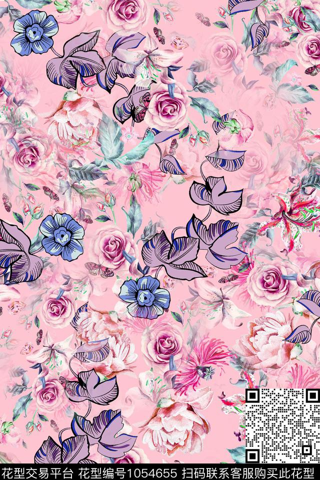 数码华亿平台素雅水彩花卉数码印花华亿平台下载（图片编号: 1054655） - 瓦栏（Walan）