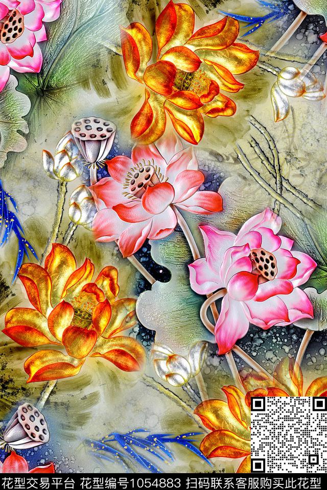 荷花中国风手绘花卉数码印花华亿平台下载（图片编号: 1054883） - 瓦栏（Walan）