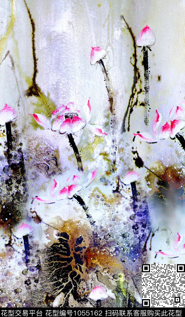 肌理荷花中国风数码印花华亿平台下载（图片编号: 1055162） - 瓦栏（Walan）