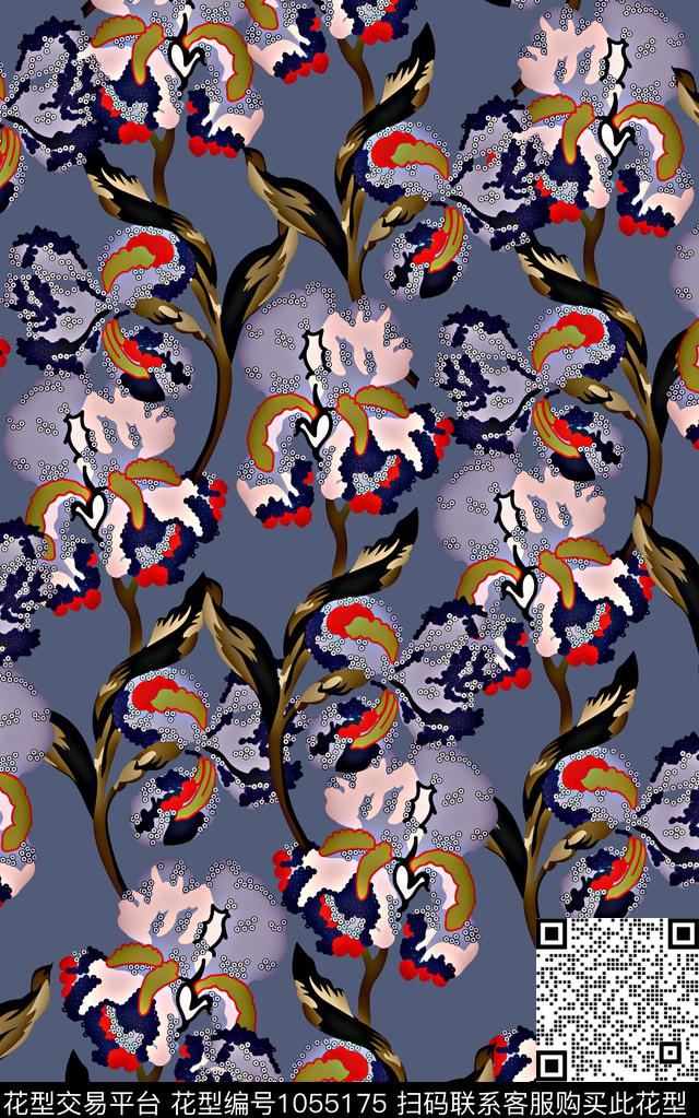 抽象花卉手绘大花复古数码印花华亿平台下载（图片编号: 1055175） - 瓦栏（Walan）