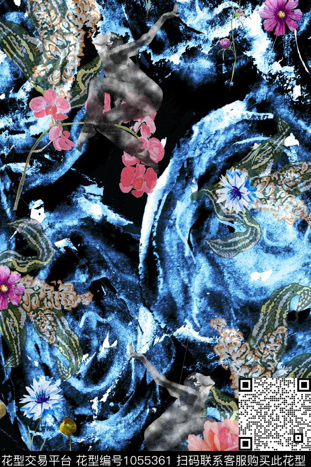 抽象人物水墨风数码印花华亿平台下载（图片编号: 1055361） - 瓦栏（Walan）