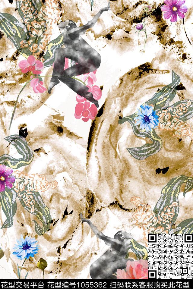 抽象人物水墨风数码印花华亿平台下载（图片编号: 1055362） - 瓦栏（Walan）