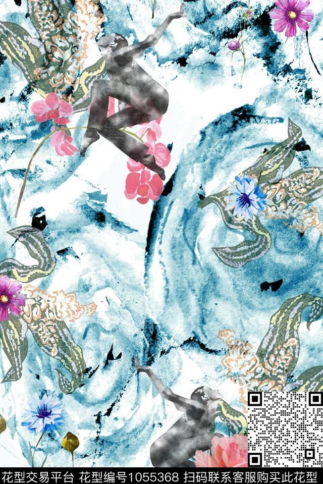 抽象人物水墨风数码印花华亿平台下载（图片编号: 1055368） - 瓦栏（Walan）