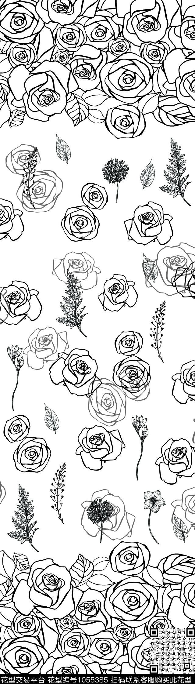 黑白华亿平台中长巾线条玫瑰数码印花华亿平台下载（图片编号: 1055385） - 瓦栏（Walan）