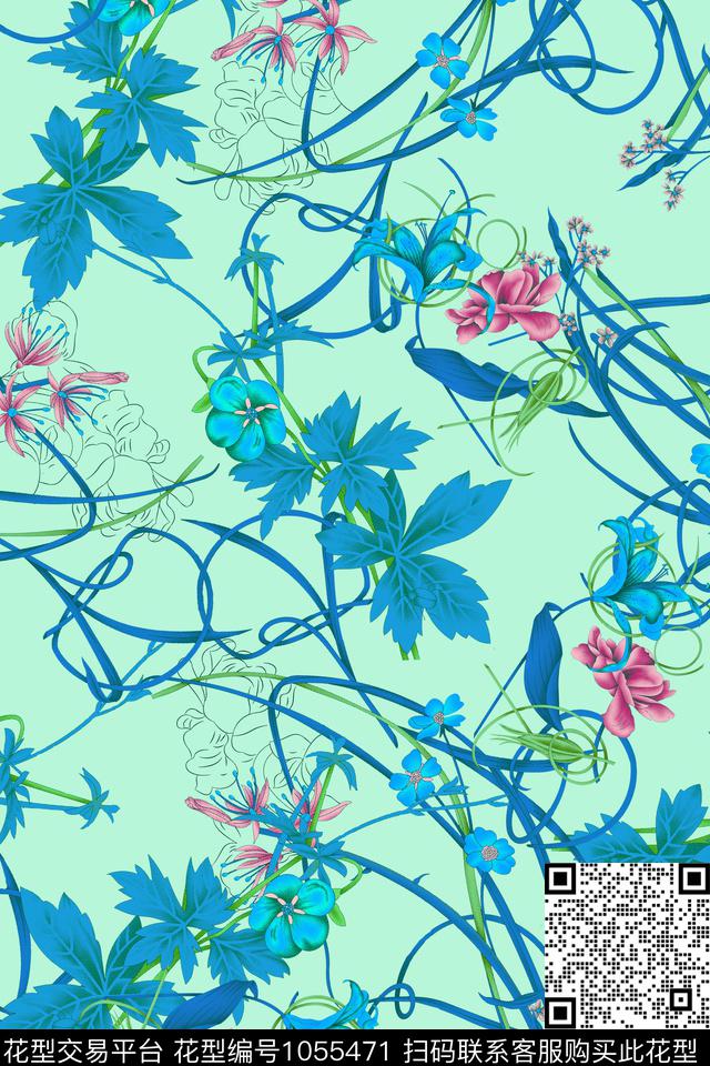 数码华亿平台素雅水彩花卉数码印花华亿平台下载（图片编号: 1055471） - 瓦栏（Walan）