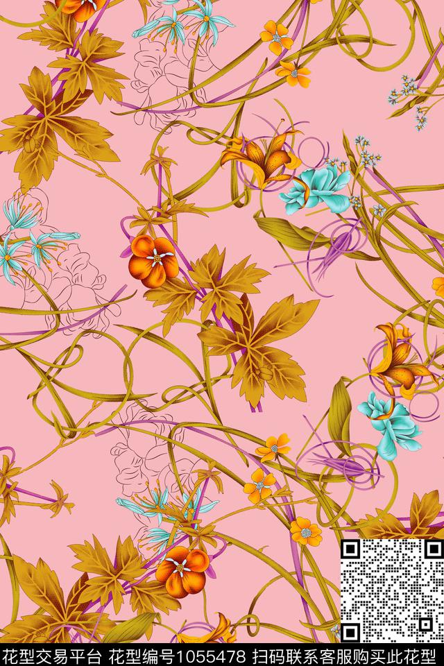 数码华亿平台素雅水彩花卉数码印花华亿平台下载（图片编号: 1055478） - 瓦栏（Walan）