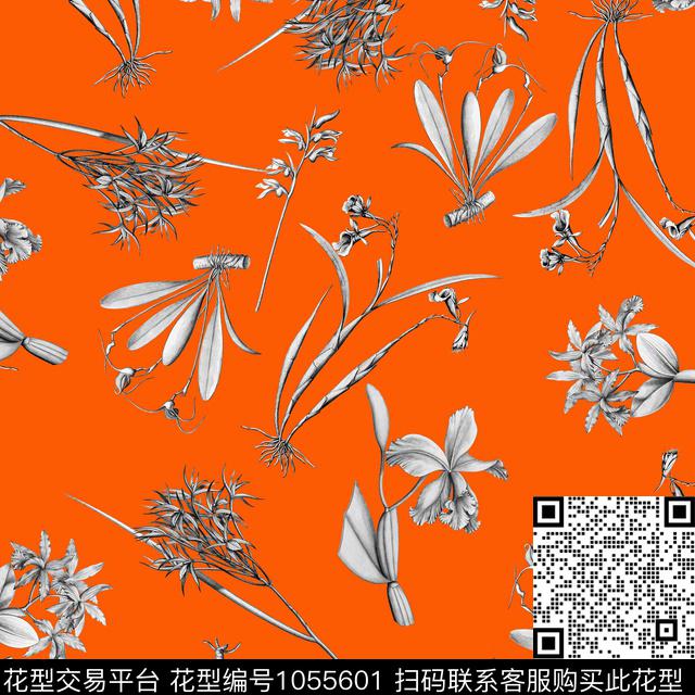 植物手绘花卉黑白华亿平台数码印花华亿平台下载（图片编号: 1055601） - 瓦栏（Walan）