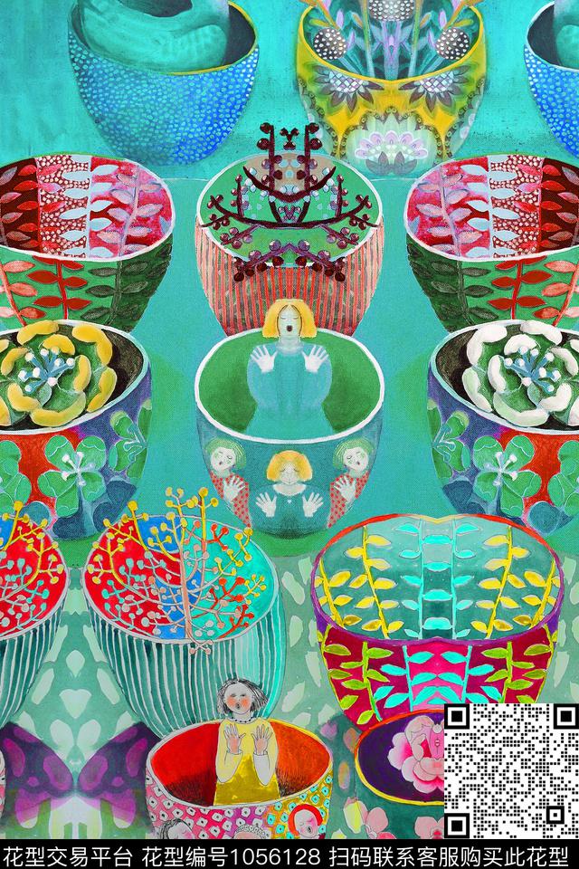 卡通花瓶花卉数码印花华亿平台下载（图片编号: 1056128） - 瓦栏（Walan）