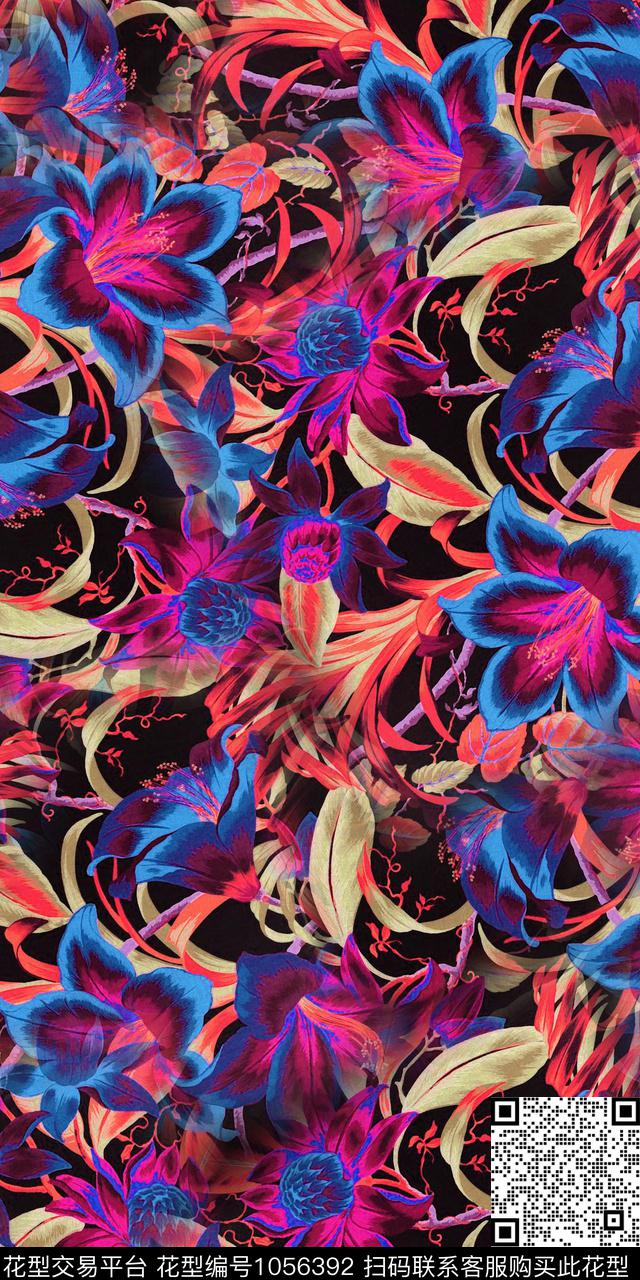 炫彩抽象花卉手绘花卉数码印花华亿平台下载（图片编号: 1056392） - 瓦栏（Walan）