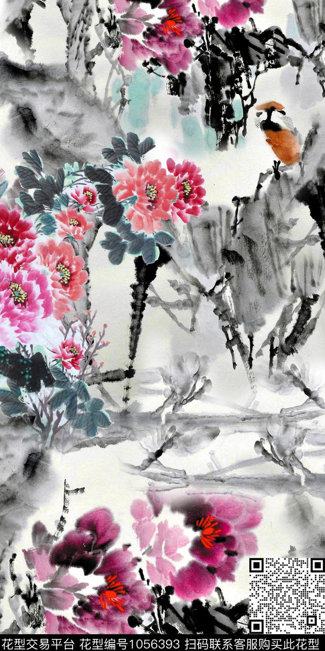 抽象花卉手绘花卉水墨风数码印花华亿平台下载（图片编号: 1056393） - 瓦栏（Walan）