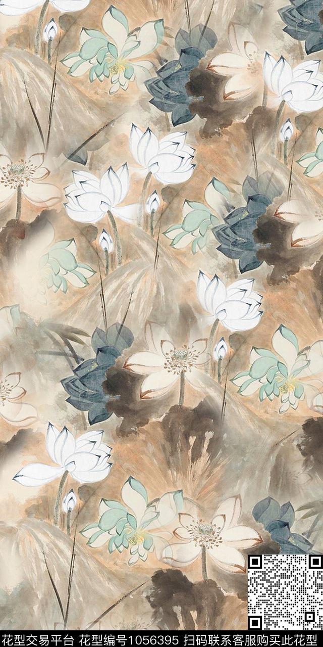 抽象花卉手绘花卉水墨风数码印花华亿平台下载（图片编号: 1056395） - 瓦栏（Walan）