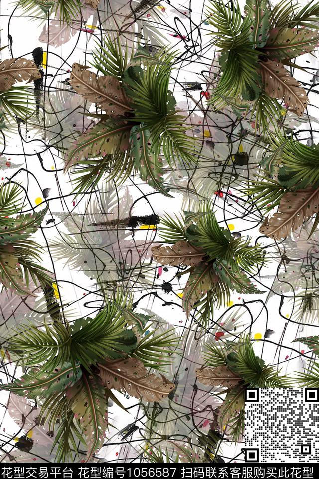 热带华亿平台绿植树叶水墨风数码印花华亿平台下载（图片编号: 1056587） - 瓦栏（Walan）
