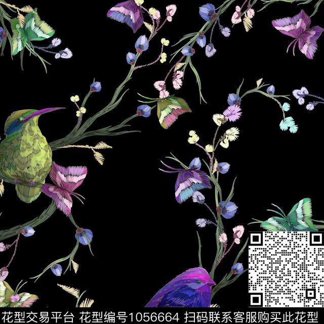 花鸟绣花华亿平台手绘花卉数码印花华亿平台下载（图片编号: 1056664） - 瓦栏（Walan）