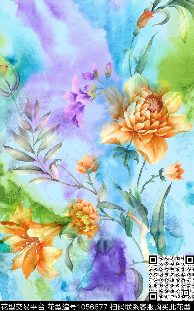 水彩花卉手绘花卉抽象底纹数码印花华亿平台下载（图片编号: 1056677） - 瓦栏（Walan）