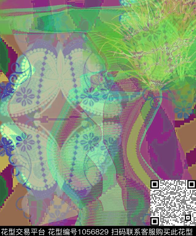 线条抽象花卉数码印花华亿平台下载（图片编号: 1056829） - 瓦栏（Walan）