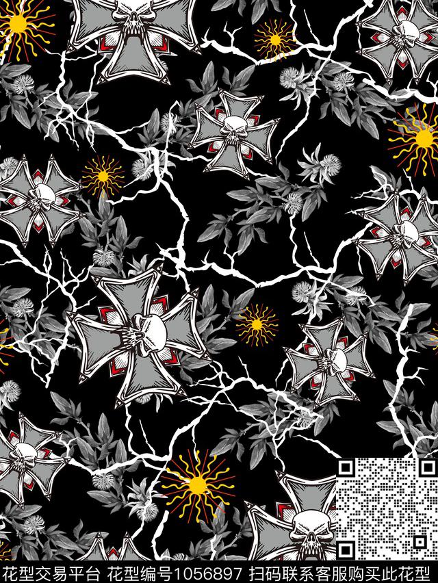 骷髅闪电抽象男装数码印花华亿平台下载（图片编号: 1056897） - 瓦栏（Walan）