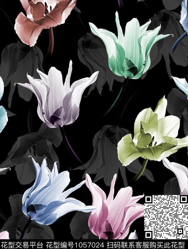 郁金香花卉大牌风数码印花华亿平台下载（图片编号: 1057024） - 瓦栏（Walan）