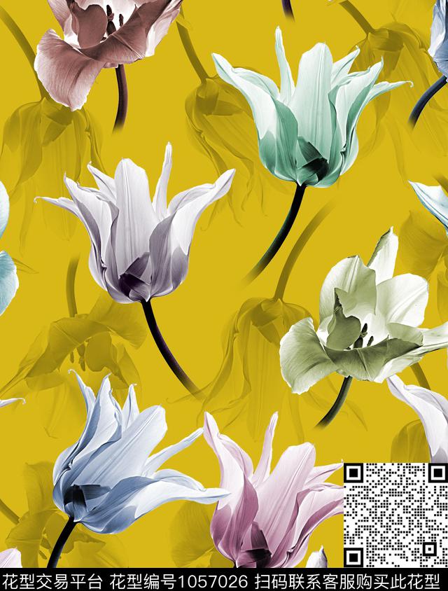 郁金香花卉大牌风数码印花华亿平台下载（图片编号: 1057026） - 瓦栏（Walan）