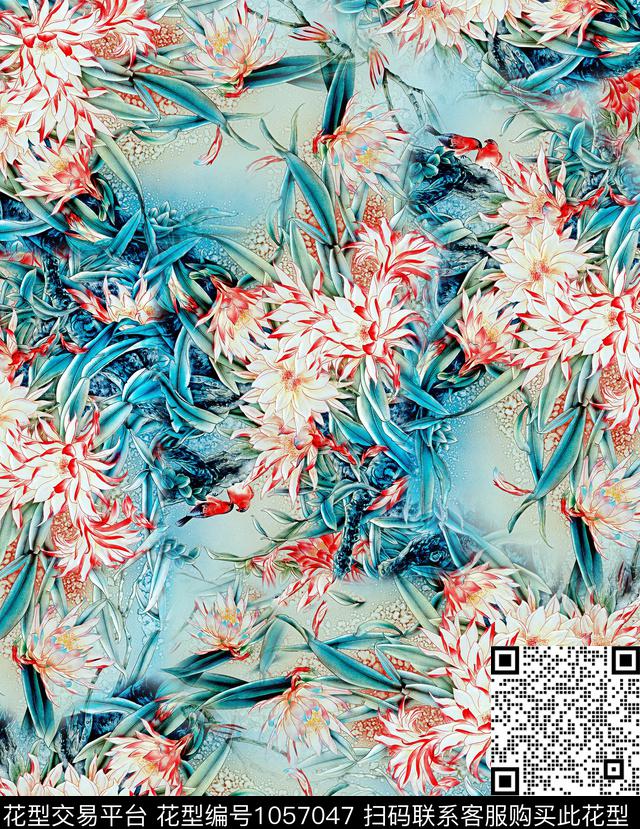 植物香云纱花卉数码印花华亿平台下载（图片编号: 1057047） - 瓦栏（Walan）