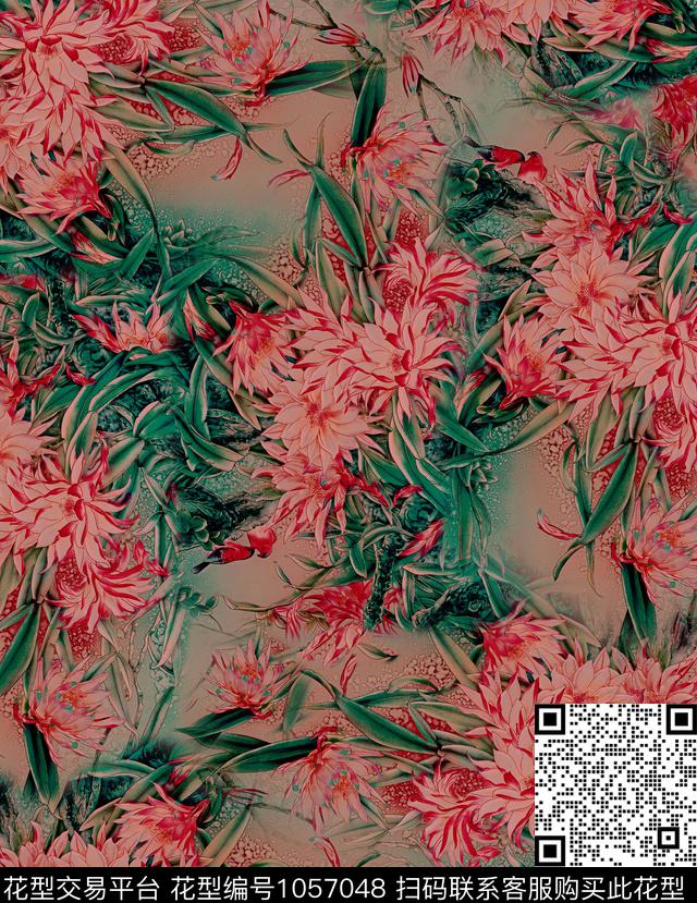 植物香云纱花卉数码印花华亿平台下载（图片编号: 1057048） - 瓦栏（Walan）