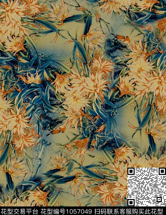 植物香云纱花卉数码印花华亿平台下载（图片编号: 1057049） - 瓦栏（Walan）