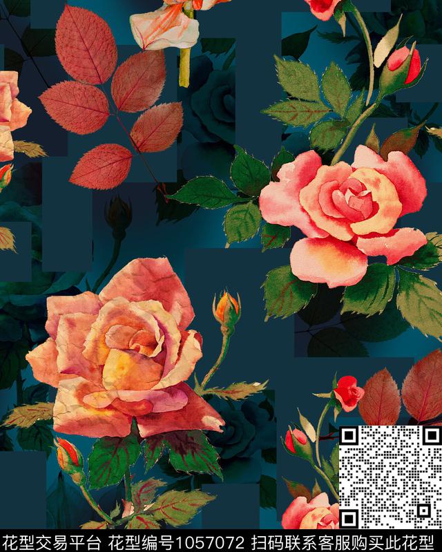 中国风手绘花卉香云纱数码印花华亿平台下载（图片编号: 1057072） - 瓦栏（Walan）