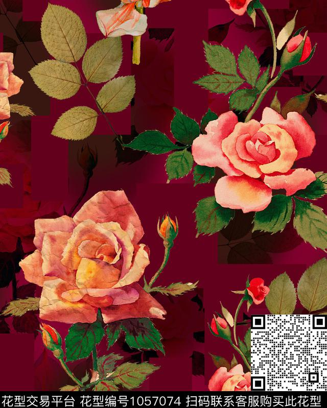 中国风手绘花卉香云纱数码印花华亿平台下载（图片编号: 1057074） - 瓦栏（Walan）