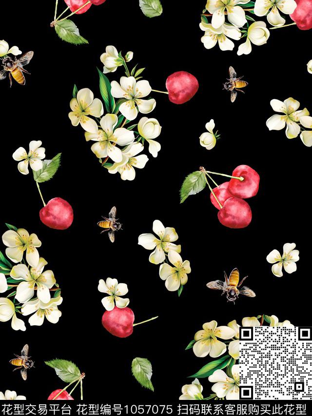 手绘花卉花卉樱桃数码印花华亿平台下载（图片编号: 1057075） - 瓦栏（Walan）