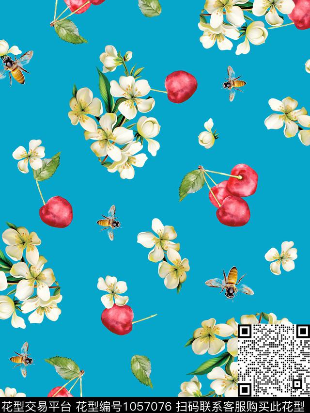 手绘花卉花卉樱桃数码印花华亿平台下载（图片编号: 1057076） - 瓦栏（Walan）