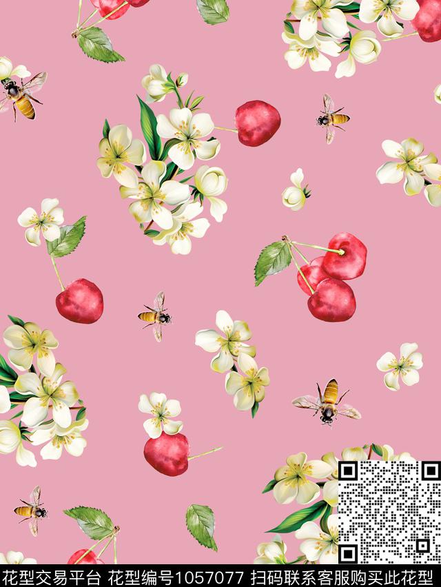 手绘花卉花卉樱桃数码印花华亿平台下载（图片编号: 1057077） - 瓦栏（Walan）