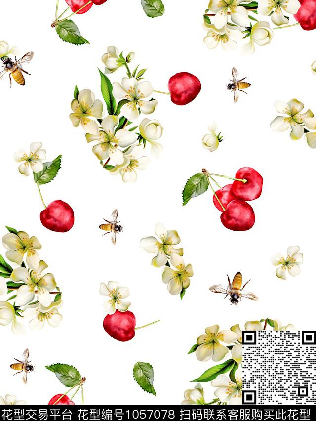 手绘花卉花卉樱桃数码印花华亿平台下载（图片编号: 1057078） - 瓦栏（Walan）