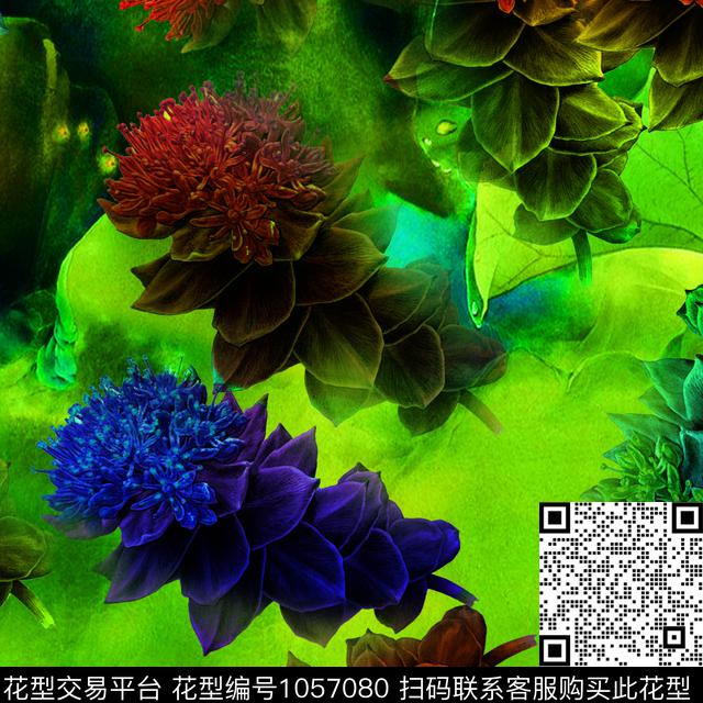 绿色繁花炫彩数码印花华亿平台下载（图片编号: 1057080） - 瓦栏（Walan）