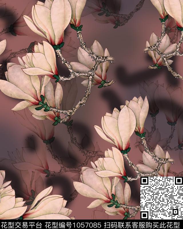 玉兰花香云纱花卉数码印花华亿平台下载（图片编号: 1057085） - 瓦栏（Walan）