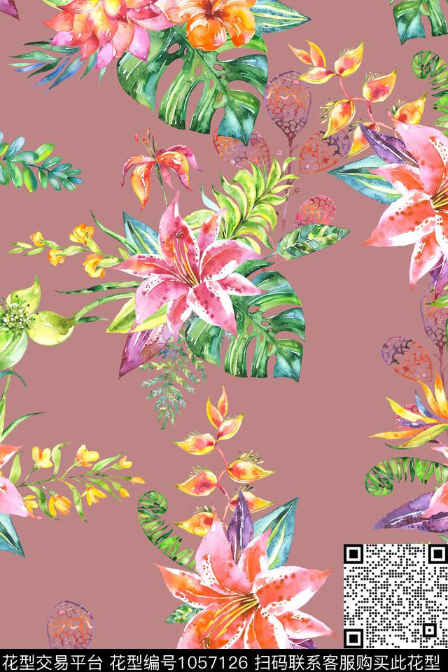 大花水彩花卉手绘花卉数码印花华亿平台下载（图片编号: 1057126） - 瓦栏（Walan）