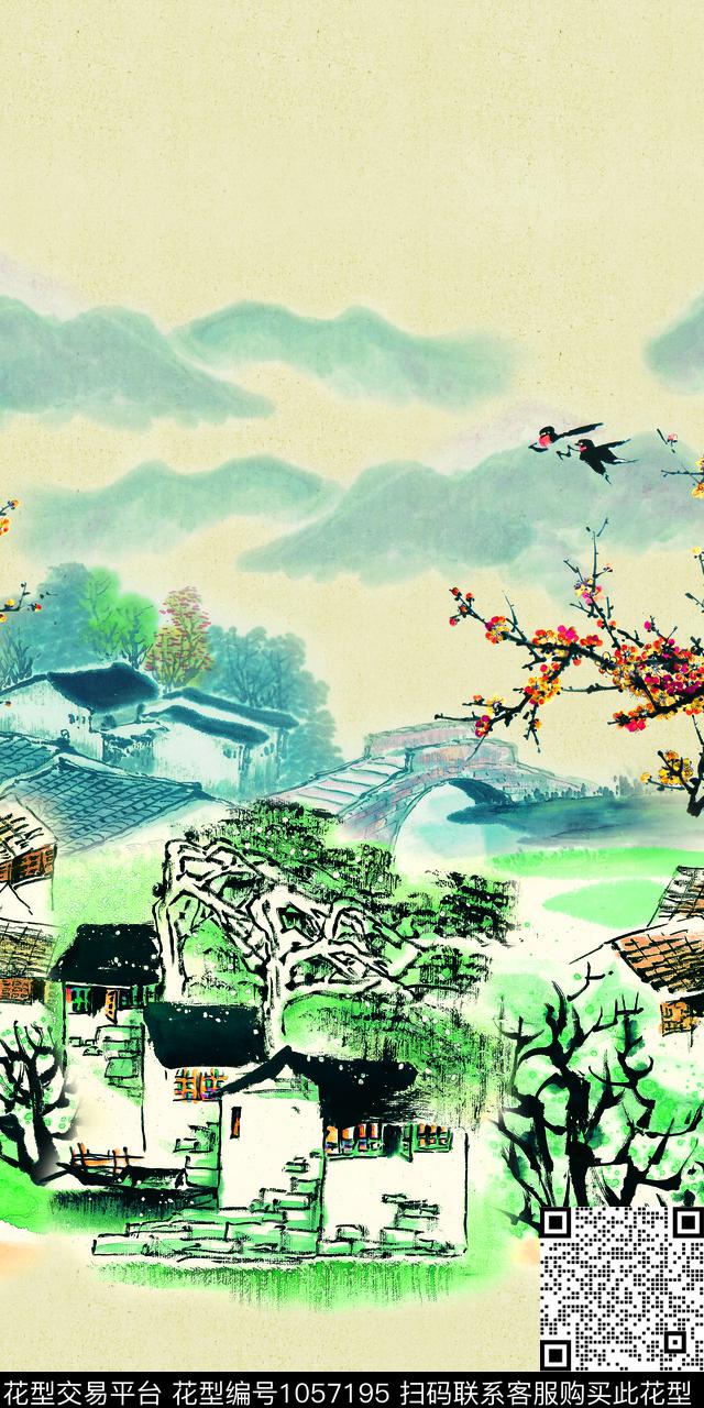 风景定位中国风水墨风数码印花华亿平台下载（图片编号: 1057195） - 瓦栏（Walan）