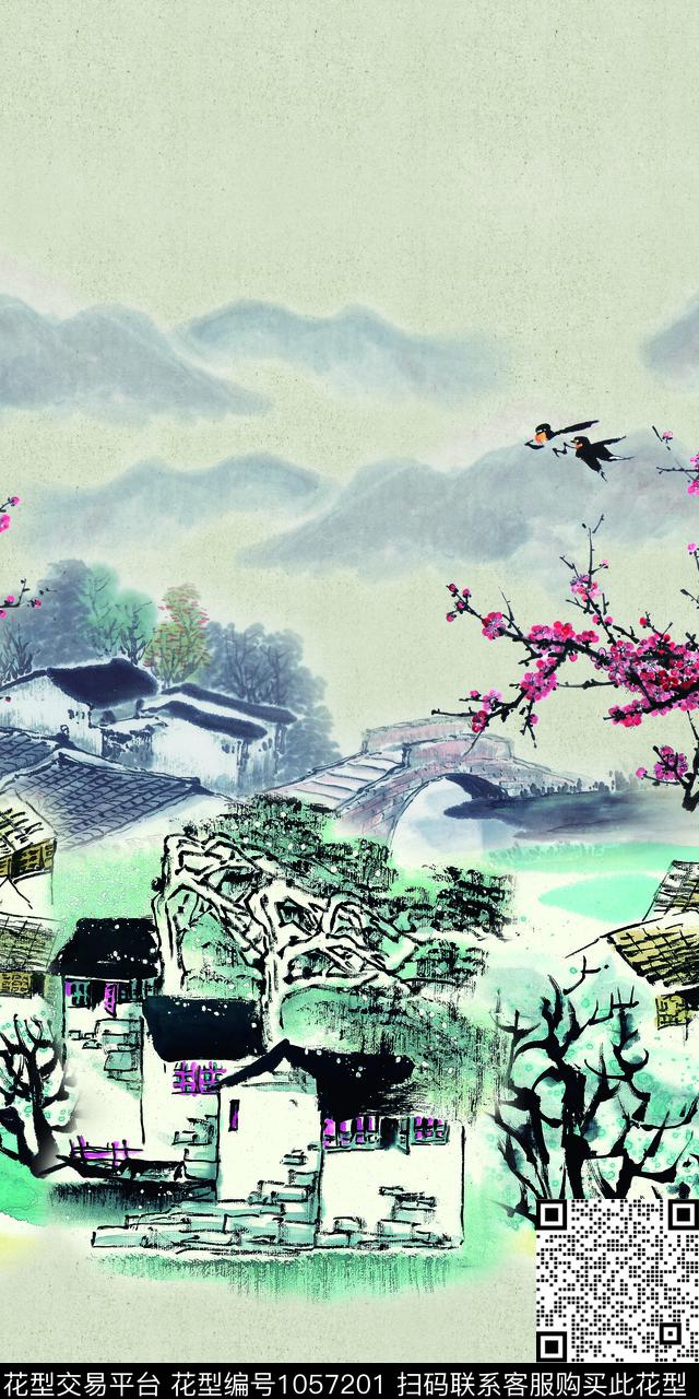 风景定位中国风水墨风数码印花华亿平台下载（图片编号: 1057201） - 瓦栏（Walan）