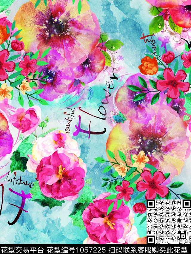 大花水彩花卉手绘花卉数码印花华亿平台下载（图片编号: 1057225） - 瓦栏（Walan）