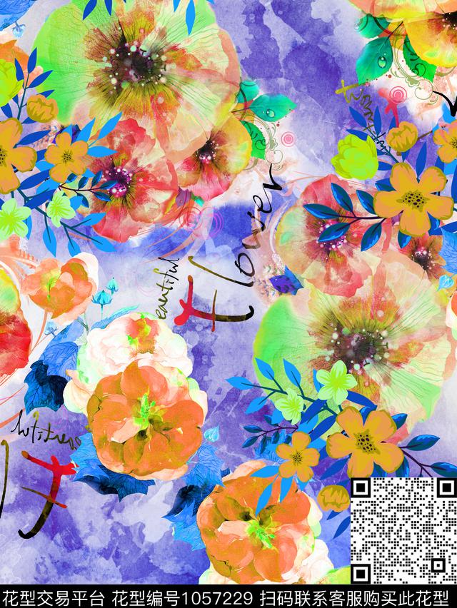 大花水彩花卉手绘花卉数码印花华亿平台下载（图片编号: 1057229） - 瓦栏（Walan）