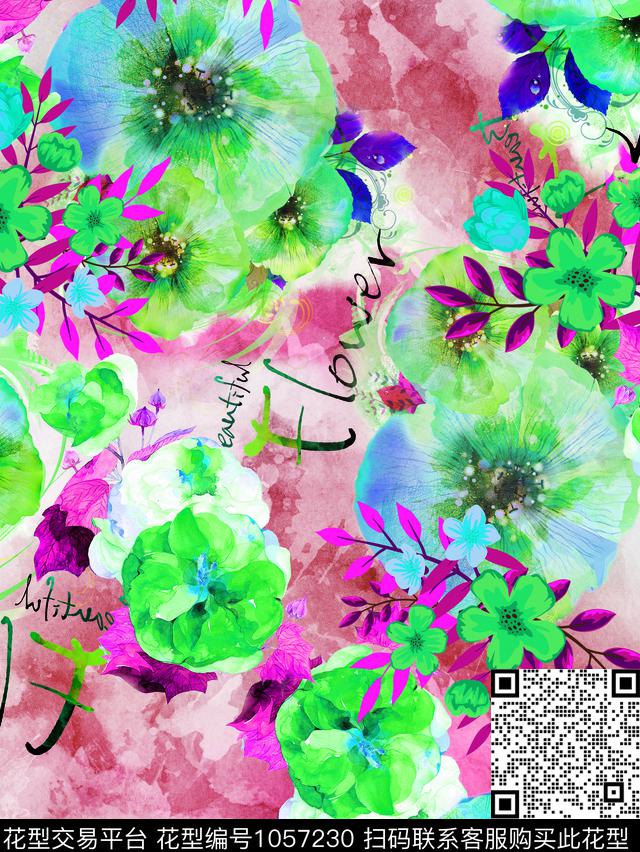大花水彩花卉手绘花卉数码印花华亿平台下载（图片编号: 1057230） - 瓦栏（Walan）