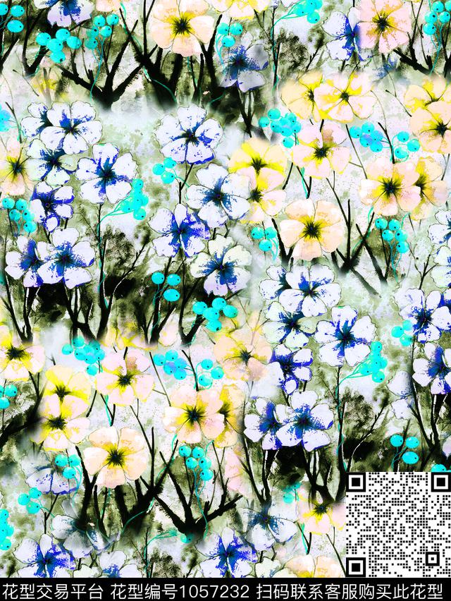 白花国画水墨风数码印花华亿平台下载（图片编号: 1057232） - 瓦栏（Walan）