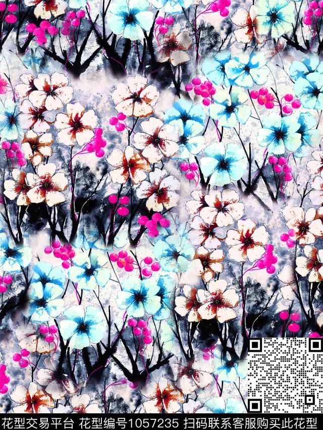 白花国画水墨风数码印花华亿平台下载（图片编号: 1057235） - 瓦栏（Walan）