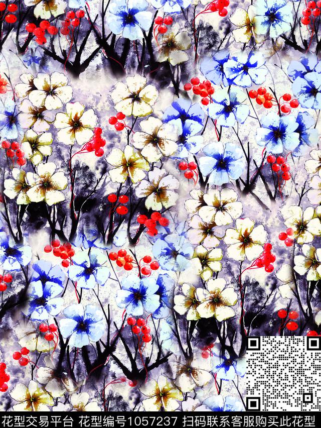 白花国画水墨风数码印花华亿平台下载（图片编号: 1057237） - 瓦栏（Walan）