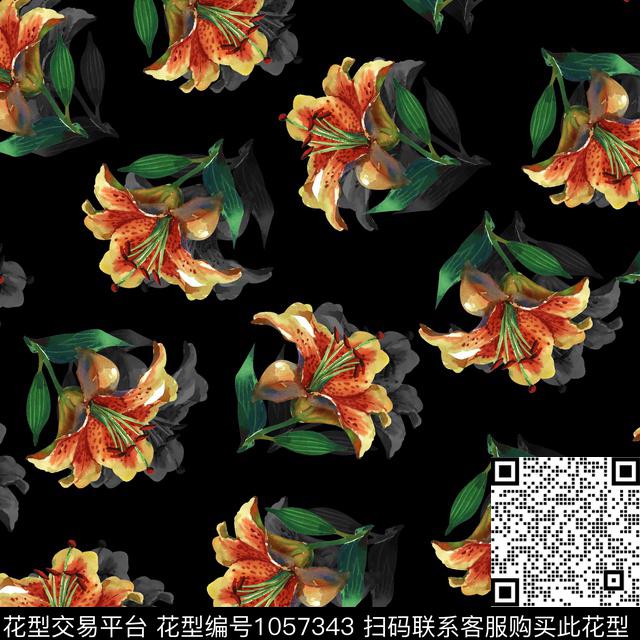 黑底花卉数码华亿平台民族风数码印花华亿平台下载（图片编号: 1057343） - 瓦栏（Walan）
