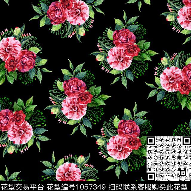 黑底花卉数码华亿平台民族风数码印花华亿平台下载（图片编号: 1057349） - 瓦栏（Walan）