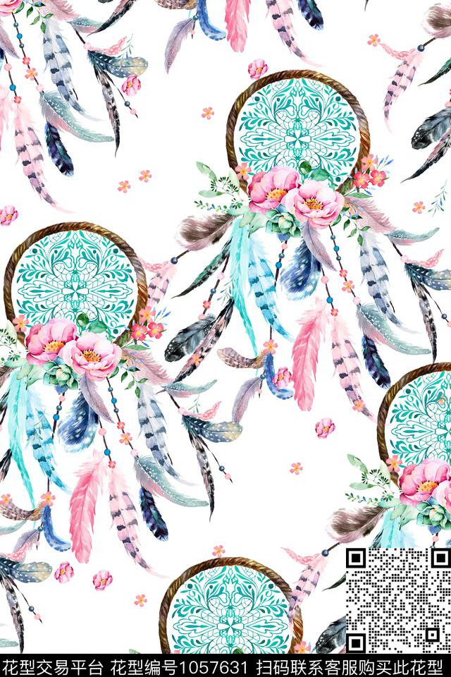 羽毛花卉手绘水彩数码印花华亿平台下载（图片编号: 1057631） - 瓦栏（Walan）
