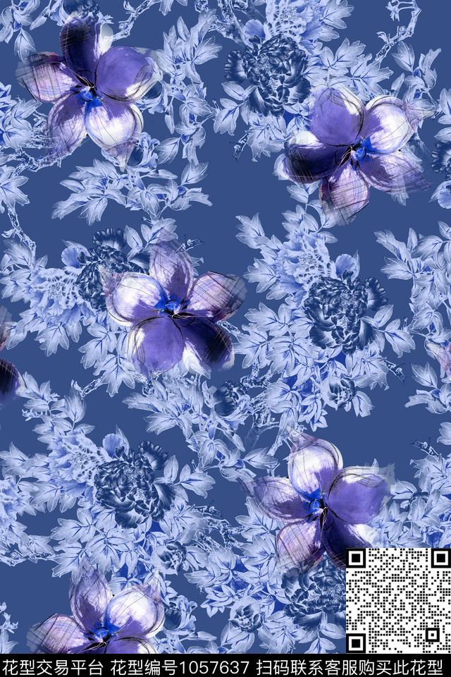 数码华亿平台素雅水彩花卉数码印花华亿平台下载（图片编号: 1057637） - 瓦栏（Walan）